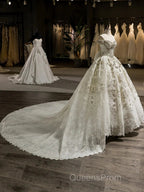 Gorgeous Off-The-Shoulder Chapel Train Ball Gown Wedding Dress With Bowknot