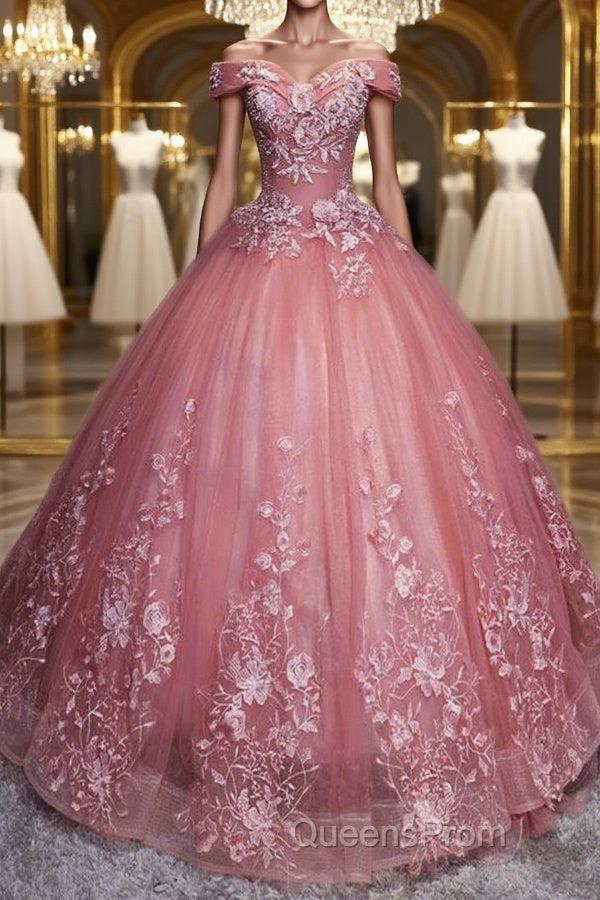 Gorgeous Off the Shoulder Pink Lace Appliques Long Evening Prom Dress, Off Shoulder Pink Formal Dress, Pink Evening Dress, Ball Gown Main image