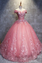 Gorgeous Off the Shoulder Pink Lace Appliques Long Evening Prom Dress, Off Shoulder Pink Formal Dress, Pink Evening Dress, Ball Gown