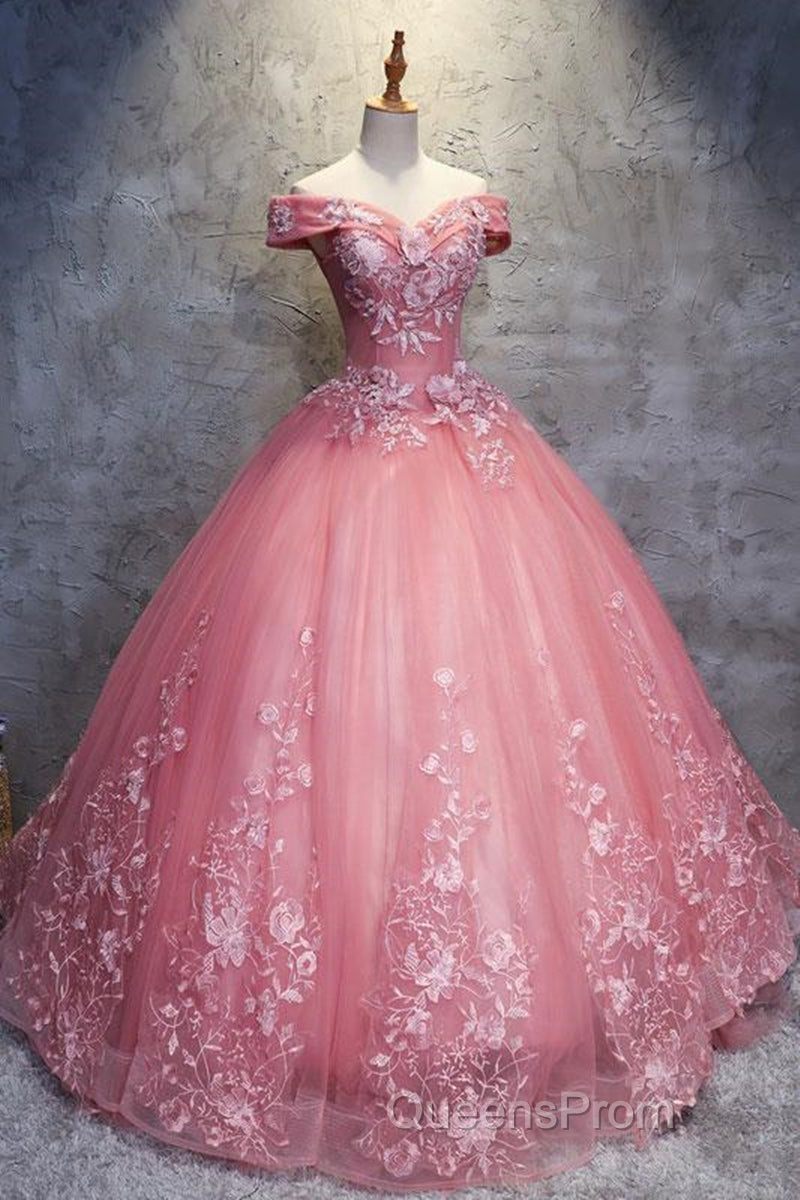 Gorgeous Off the Shoulder Pink Lace Appliques Long Evening Prom Dress, Off Shoulder Pink Formal Dress, Pink Evening Dress, Ball Gown