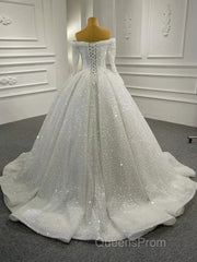 Gorgeous Off The Shoulder Sparkly Ball Gown Sequin Wedding Dress With Sleeves