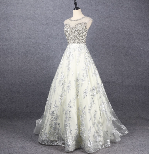 Gorgeous Off-White Crew Neck Beaded Embroidered Tulle Long Classy Prom Dress Secondary image
