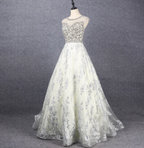Gorgeous Off-White Crew Neck Beaded Embroidered Tulle Long Classy Prom Dress