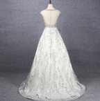 Gorgeous Off-White Crew Neck Beaded Embroidered Tulle Long Classy Prom Dress