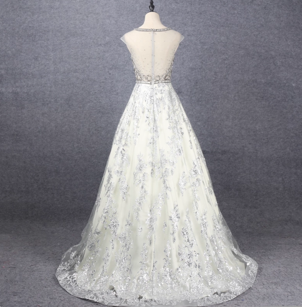 Gorgeous Off-White Crew Neck Beaded Embroidered Tulle Long Classy Prom Dress