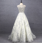 Gorgeous Off-White Crew Neck Beaded Embroidered Tulle Long Classy Prom Dress