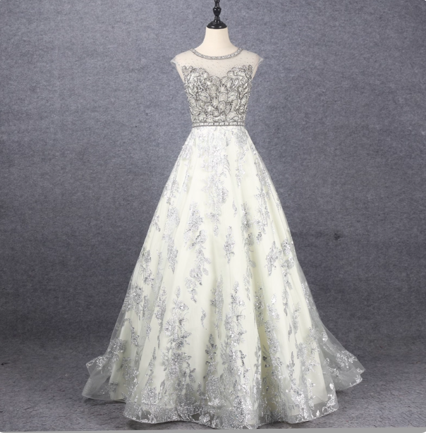 Gorgeous Off-White Crew Neck Beaded Embroidered Tulle Long Classy Prom Dress