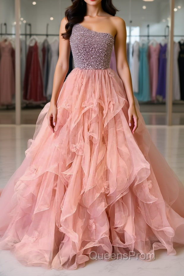 Gorgeous One Shoulder Beaded Pink Long Evening Prom Dress, Fluffy Pink Formal Evening Dress, Beaded Ball Gown Main image