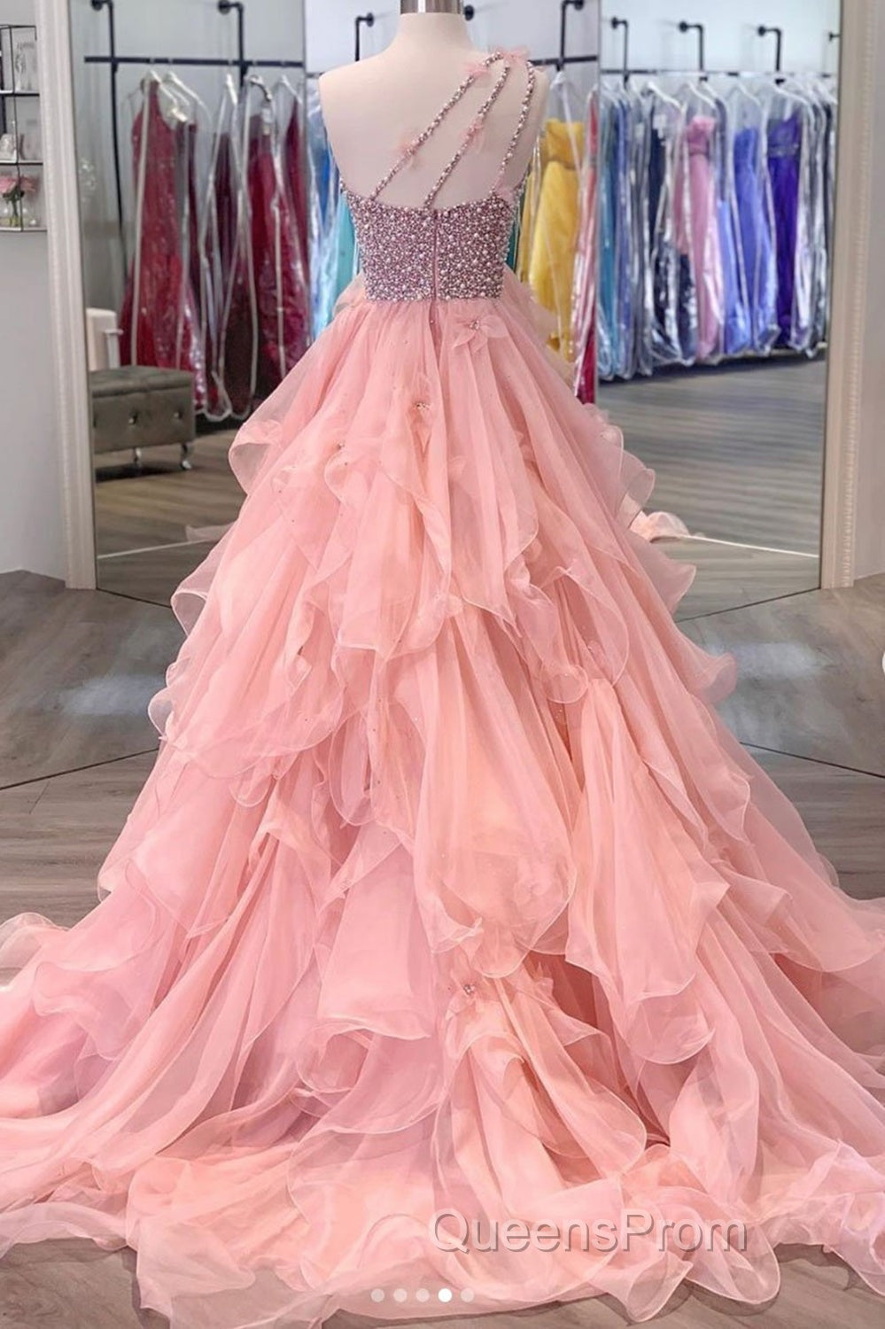 Gorgeous One Shoulder Beaded Pink Long Evening Prom Dress, Fluffy Pink Formal Evening Dress, Beaded Ball Gown Secondary image
