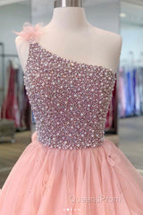 Gorgeous One Shoulder Beaded Pink Long Evening Prom Dress, Fluffy Pink Formal Evening Dress, Beaded Ball Gown
