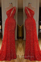 Gorgeous One Shoulder Red Sequins Long Evening Prom Dress
