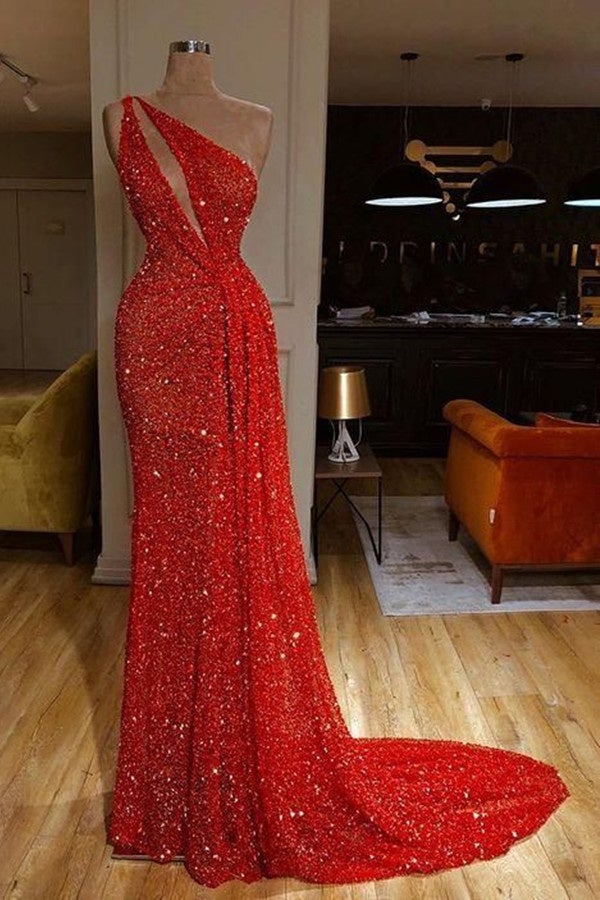Gorgeous One Shoulder Red Sequins Long Prom Dress Main image