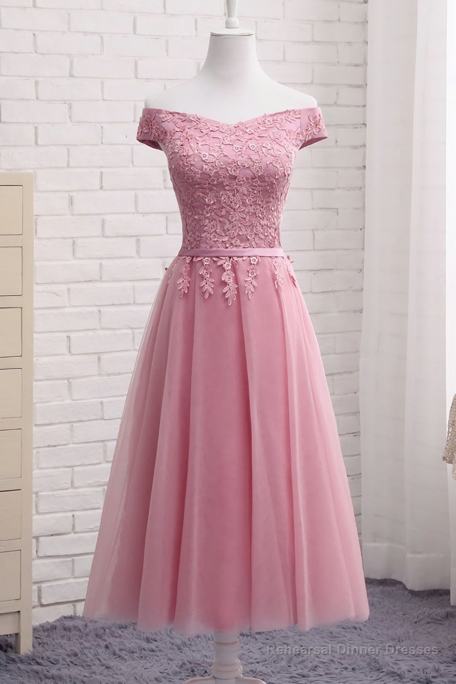 Gorgeous Pink A Line Lace Off Shoulder Prom Dress,Cheap evening dresses,Sexy Formal Dress Main image