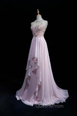 Gorgeous Pink A-Line Tulle High Neck Chiffon Long Beaded Backless Evening Prom Dress Retro Wedding Birthday Dress