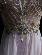 Gorgeous Pink A-Line Tulle High Neck Chiffon Long Beaded Backless Evening Prom Dress Retro Wedding Birthday Dress