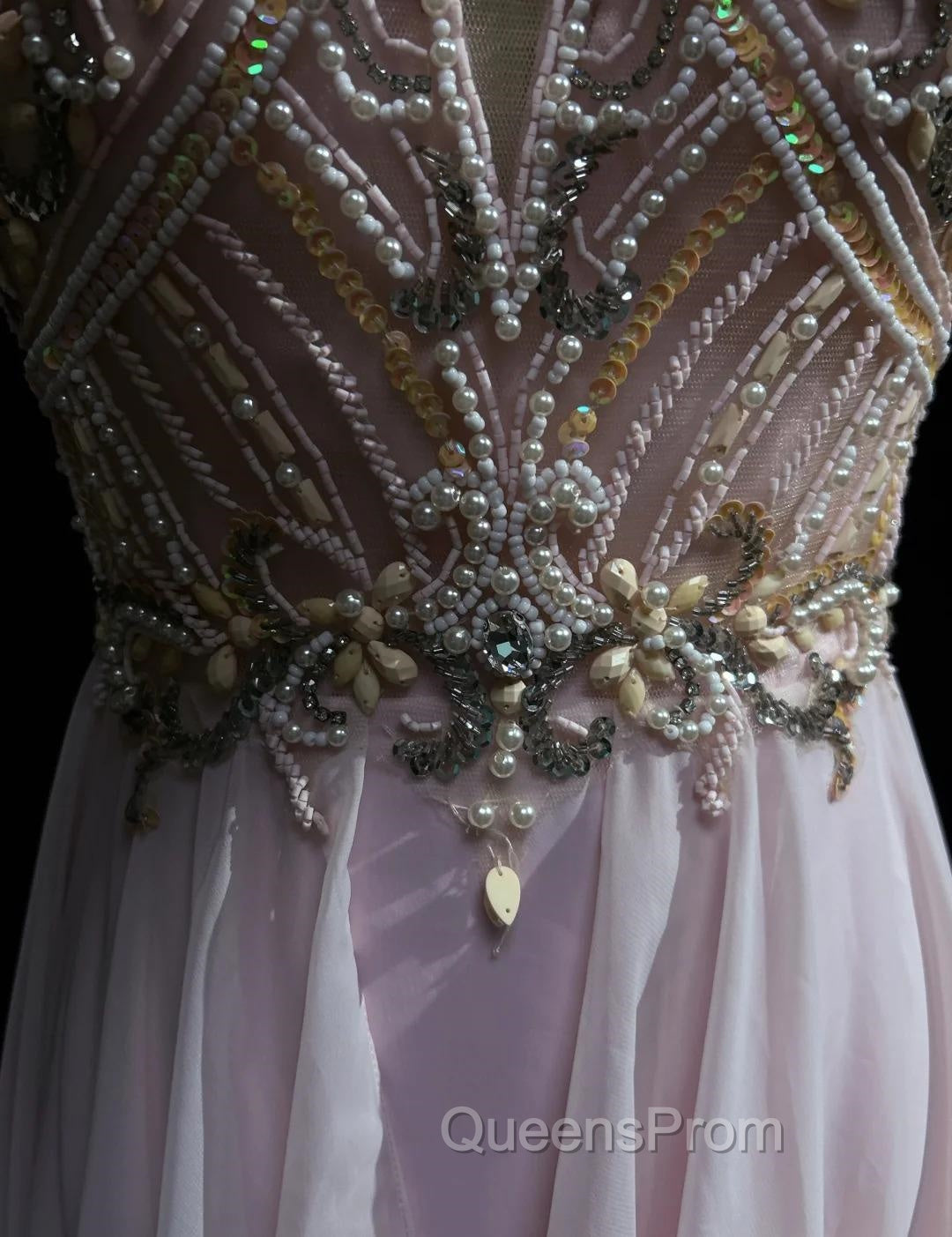 Gorgeous Pink A-Line Tulle High Neck Chiffon Long Beaded Backless Evening Prom Dress Retro Wedding Birthday Dress