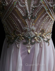 Gorgeous Pink A-Line Tulle High Neck Chiffon Long Beaded Backless Evening Prom Dress Retro Wedding Birthday Dress