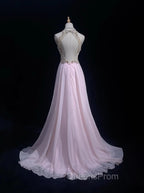 Gorgeous Pink A-Line Tulle High Neck Chiffon Long Beaded Backless Evening Prom Dress Retro Wedding Birthday Dress