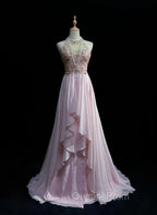 Gorgeous Pink A-Line Tulle High Neck Chiffon Long Beaded Backless Evening Prom Dress Retro Wedding Birthday Dress