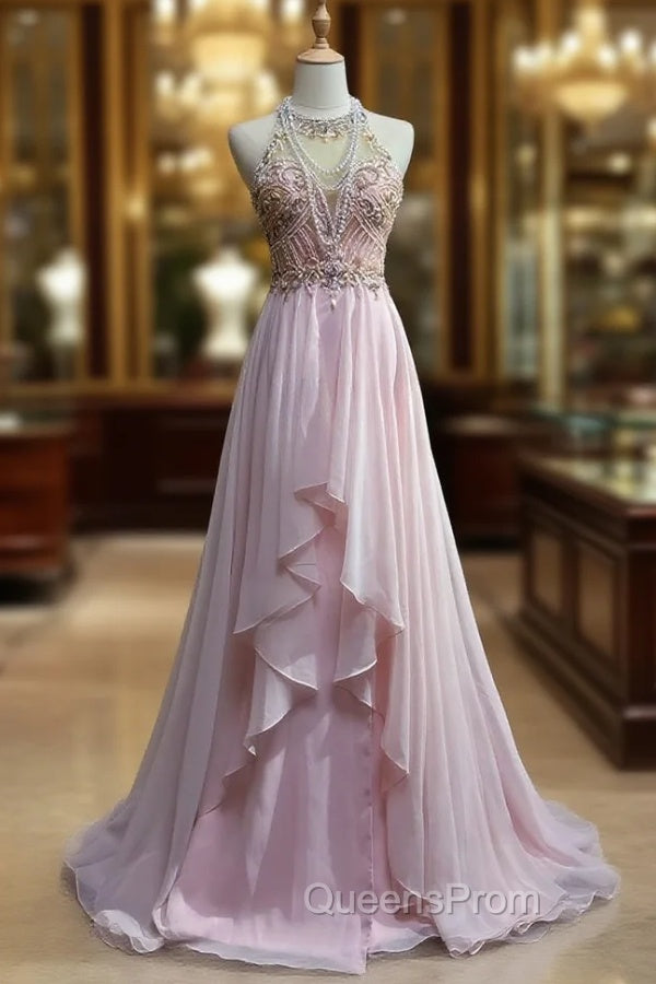 Gorgeous Pink A-Line Tulle High Neck Chiffon Long Beaded Backless Evening Prom Dress Retro Wedding Birthday Dress Main image