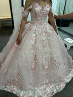 Gorgeous Pink Applique Ball Gowns Tulle Lace Off-The-Shoulder Long Quinceanera Dress Tulle Sweet Birthday Dress