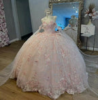 Gorgeous Pink Applique Ball Gowns Tulle Lace Off-The-Shoulder Long Quinceanera Dress Tulle Sweet Birthday Dress