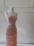 Gorgeous Pink Slim Square Neck 3D Flower Sequin Tassel Long Classy Prom Dress