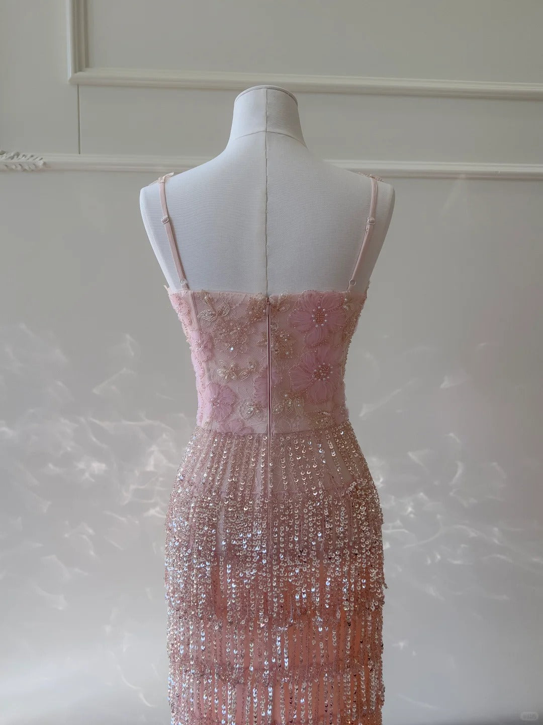Gorgeous Pink Slim Square Neck 3D Flower Sequin Tassel Long Classy Prom Dress