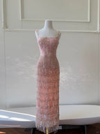 Gorgeous Pink Slim Square Neck 3D Flower Sequin Tassel Long Classy Prom Dress