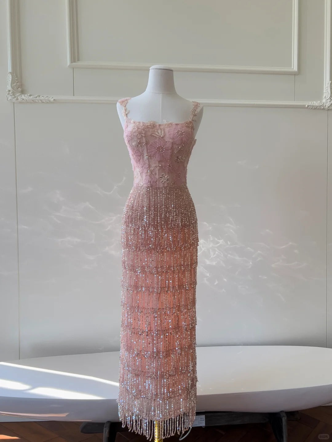 Gorgeous Pink Slim Square Neck 3D Flower Sequin Tassel Long Classy Prom Dress