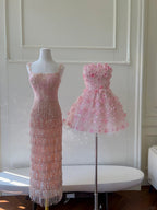 Gorgeous Pink Slim Square Neck 3D Flower Sequin Tassel Long Classy Prom Dress