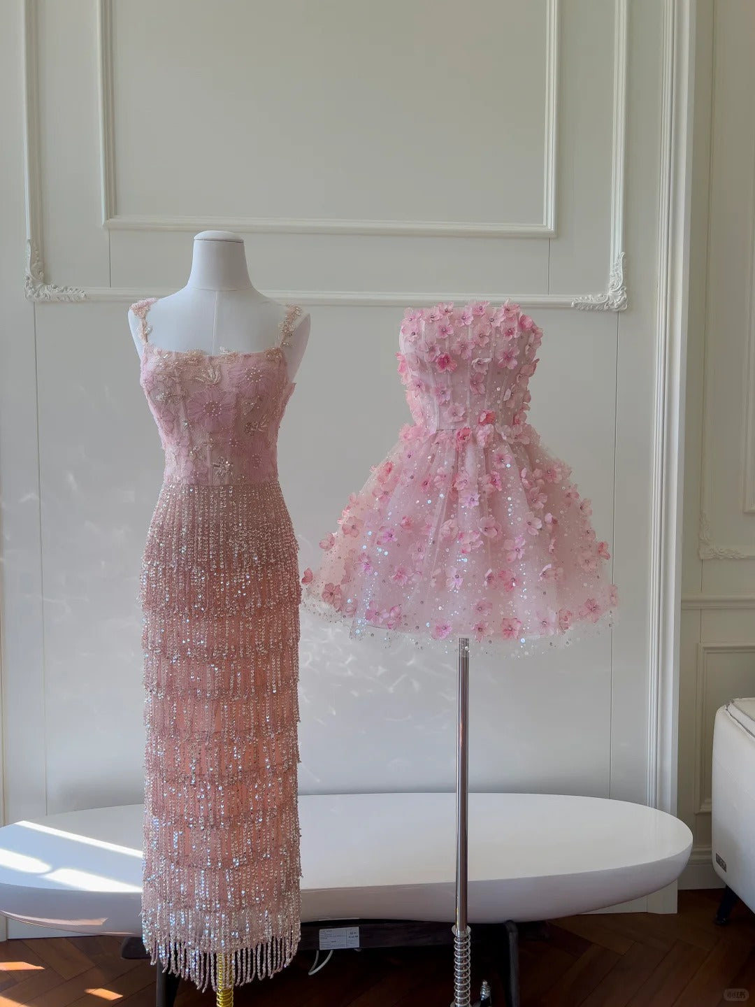 Gorgeous Pink Slim Square Neck 3D Flower Sequin Tassel Long Classy Prom Dress