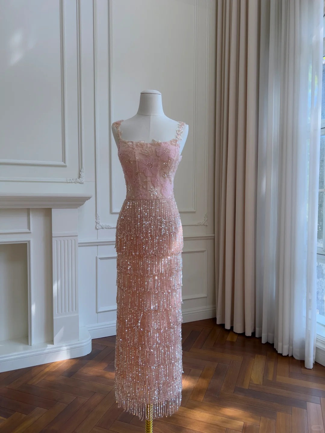 Gorgeous Pink Slim Square Neck 3D Flower Sequin Tassel Long Classy Prom Dress Main image