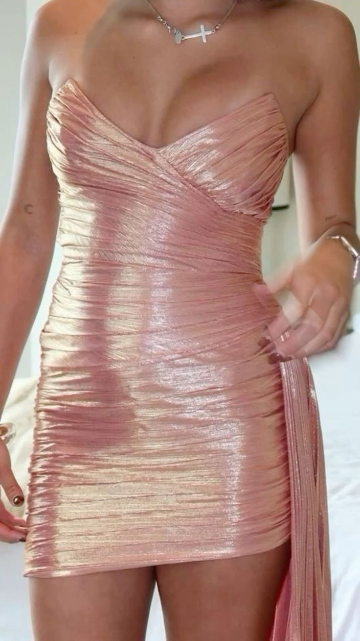 Gorgeous Pink Strapless Satin Pleated Homecoming Dress Short Birthday Outfits Cocktail Dress Secondary image