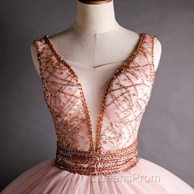 Gorgeous Pink V-neckline Beaded Ball Gown Evening Dress, Pink Sweet 16 Dress Secondary image