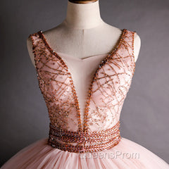 Gorgeous Pink V-neckline Beaded Ball Gown Evening Dress, Pink Sweet 16 Dress