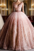 Gorgeous Pink V-neckline Beaded Ball Gown Evening Dress, Pink Sweet 16 Dress