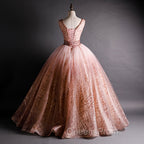 Gorgeous Pink V-neckline Beaded Ball Gown Evening Dress, Pink Sweet 16 Dress