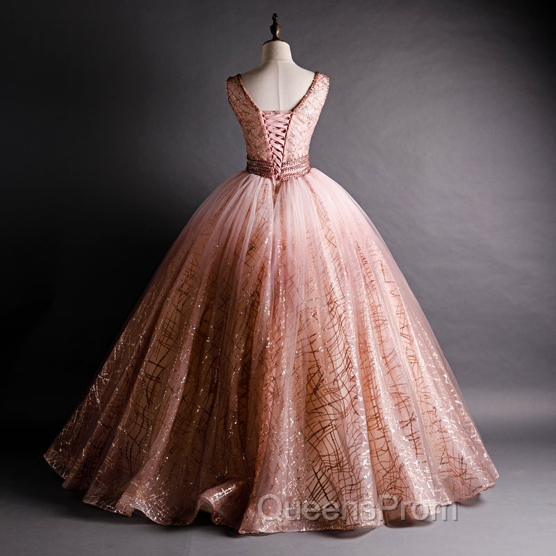 Gorgeous Pink V-neckline Beaded Ball Gown Evening Dress, Pink Sweet 16 Dress
