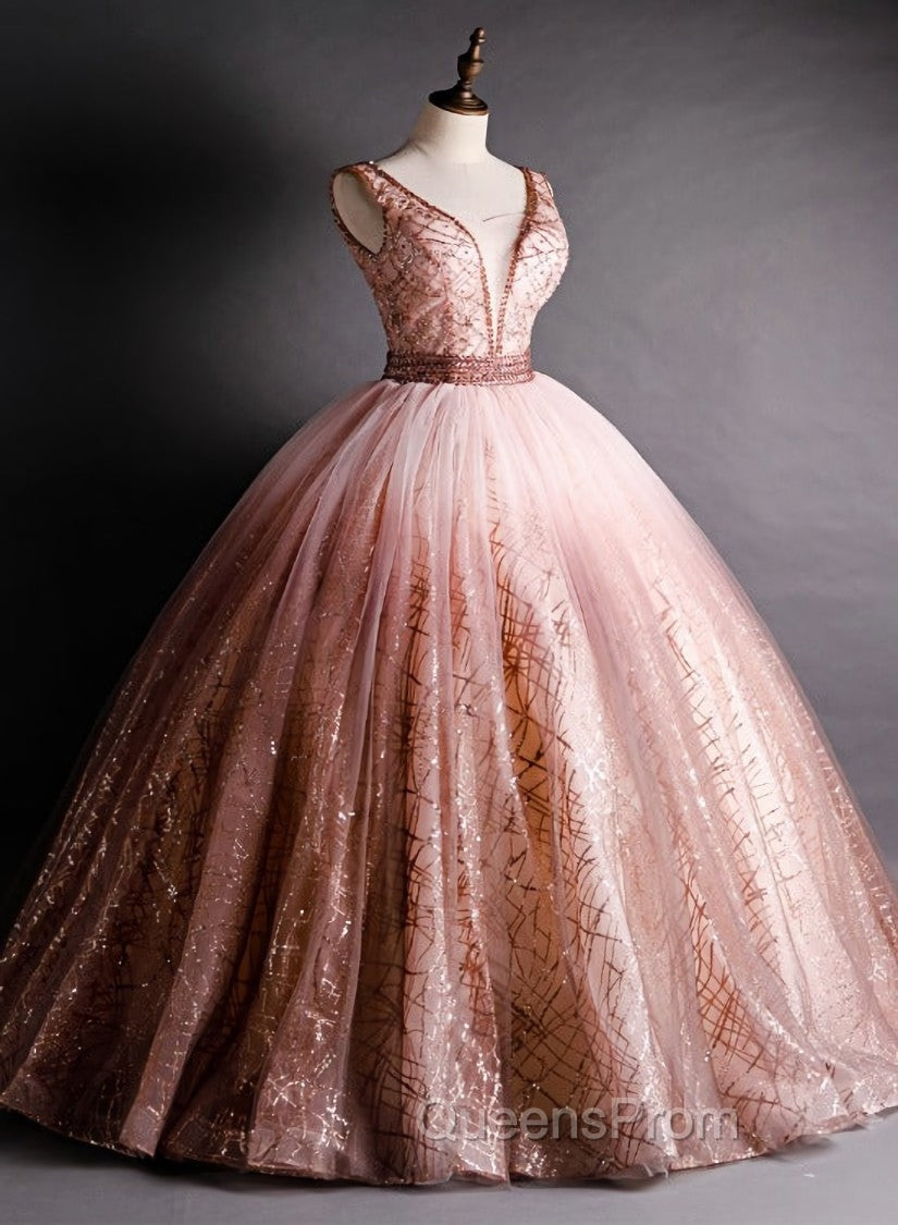 Gorgeous Pink V-neckline Beaded Ball Gown Evening Dress, Pink Sweet 16 Dress Main image
