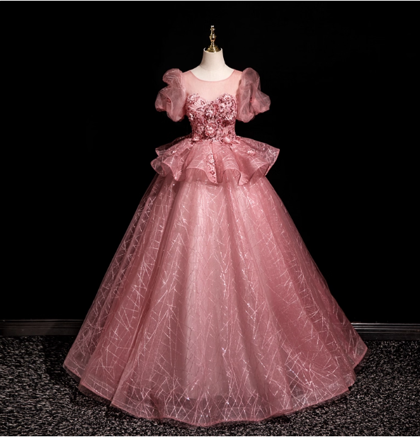 Gorgeous Princess Pink Crew Neck Puff Sleeve Tulle Ball Gown Prom Dress Sweet 16 Dress Secondary image
