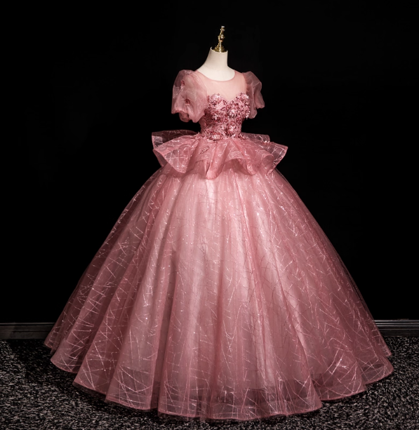 Gorgeous Princess Pink Crew Neck Puff Sleeve Tulle Ball Gown Prom Dress Sweet 16 Dress