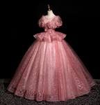 Gorgeous Princess Pink Crew Neck Puff Sleeve Tulle Ball Gown Prom Dress Sweet 16 Dress