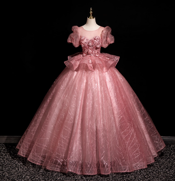 Gorgeous Princess Pink Crew Neck Puff Sleeve Tulle Ball Gown Prom Dress Sweet 16 Dress
