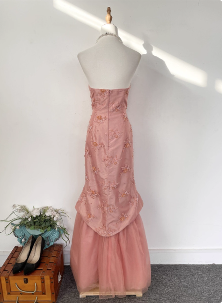 Gorgeous Princess Pink Mermaid Sweetheart Neck Embroidered Floral Satin Tulle Long Classy Prom Dress