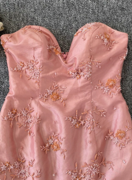 Gorgeous Princess Pink Mermaid Sweetheart Neck Embroidered Floral Satin Tulle Long Classy Prom Dress