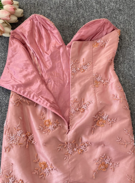 Gorgeous Princess Pink Mermaid Sweetheart Neck Embroidered Floral Satin Tulle Long Classy Prom Dress