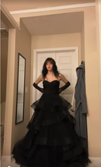 Princess A Line Sweetheart Neck Black Tiered Tulle Long Classy Prom Dress Classy Evening Dress
