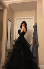 Princess A Line Sweetheart Neck Black Tiered Tulle Long Classy Prom Dress Classy Evening Dress