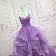 Gorgeous Purple Straps Layers Tulle V-neckline Long Evening Dress, Light Purple Evening Prom Dress